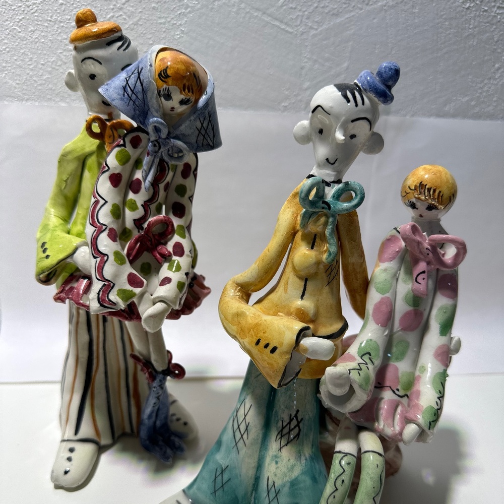 Vintage Ceramic Clown Couples Handmade Folk Art, Set of 2